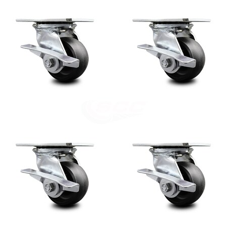 Service Caster 4 Inch Heavy Duty Glass Filled Nylon Caster Set with Roller Bearings and Brakes SCC-35S420-GFNR-SLB-4